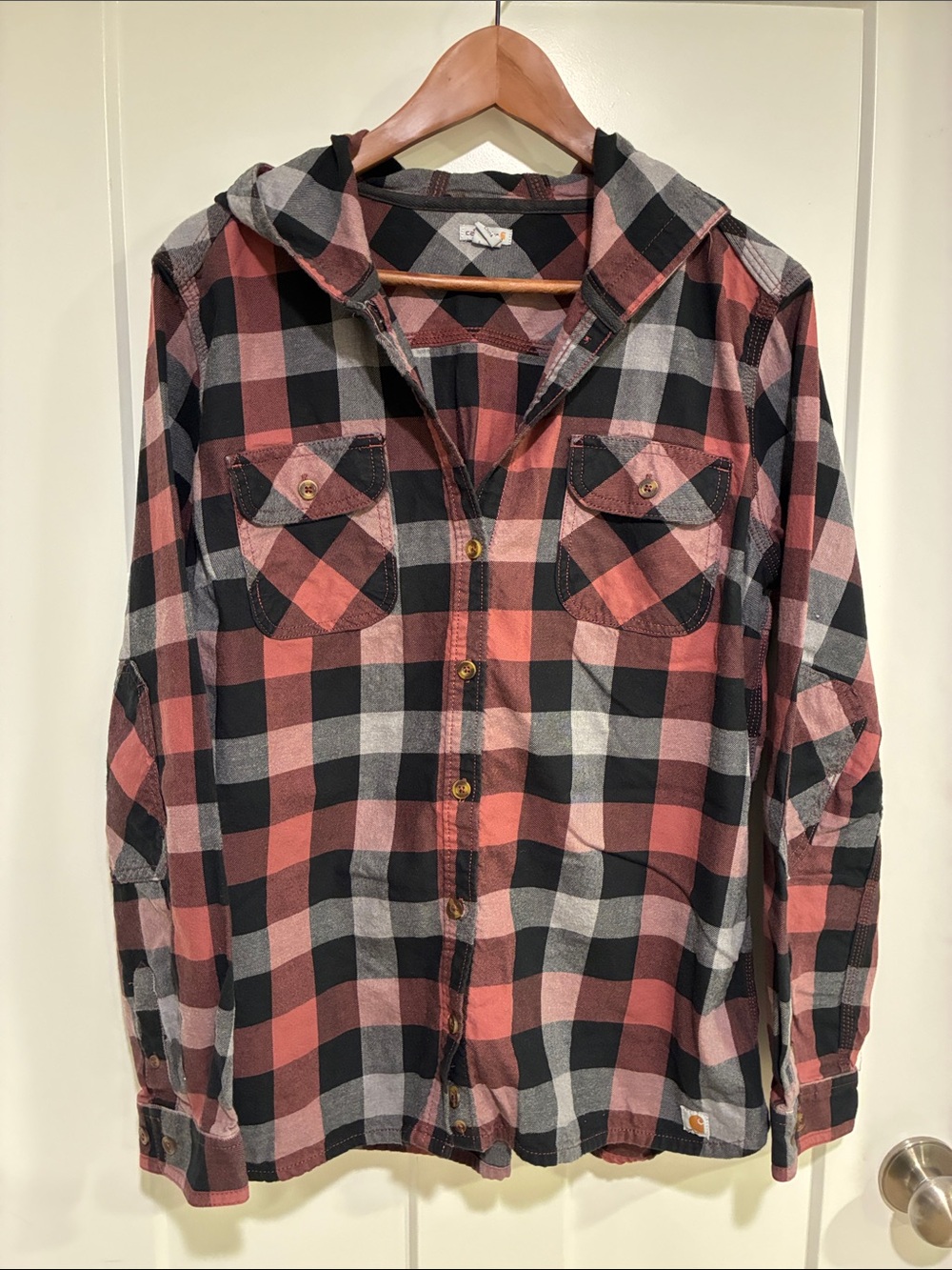 Carhartt Black and Red Plaid Hooded Button-Down Shirt